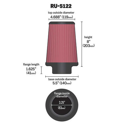 K&N RU-5122 Universal Round Tapered Performance Washable Air Filter for Intake