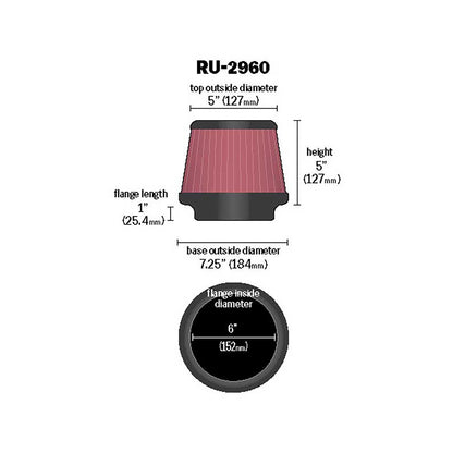 K&N RU-2960 Universal Round Tapered Performance Washable Air Filter for Intake