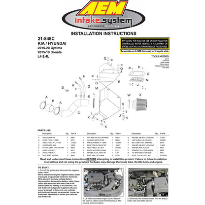 AEM 15-18 Hyundai Sonata L4-2.4L F/I Cold Air Intake | Hyundai Sonata (15-18)