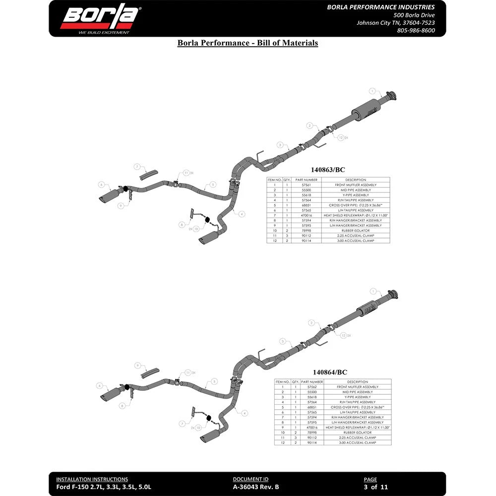 Borla F-150 2021 5.0L 4dr CC SB EC STB Lariat/KR/Pltnm/LTD 3/2.25 SRE Cat-Back ATAK Black Tips | Ford F-150 (21) (BC140867BC)
