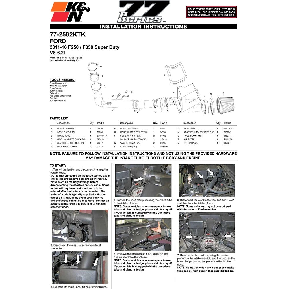 K&N High Flow Intake | Ford F250/F350 SD 6.2L V8 (11-12) (77-2582KTK)