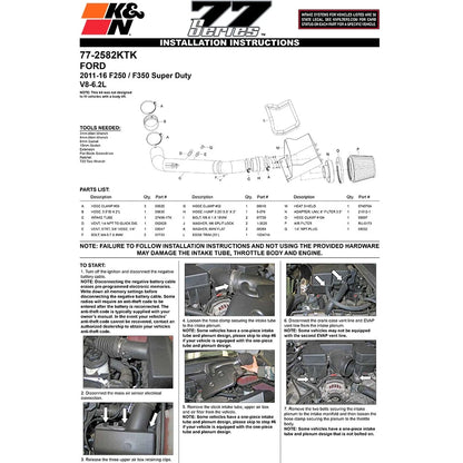 K&N High Flow Intake | Ford F250/F350 SD 6.2L V8 (11-12) (77-2582KTK)