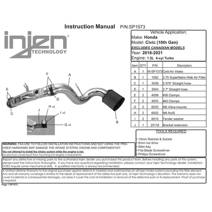 Injen Cold Air Intake | Honda Accord / Pilot / Element / Civic VIII/IX/X / Acura RLX (03-22) (SP1573BLK)