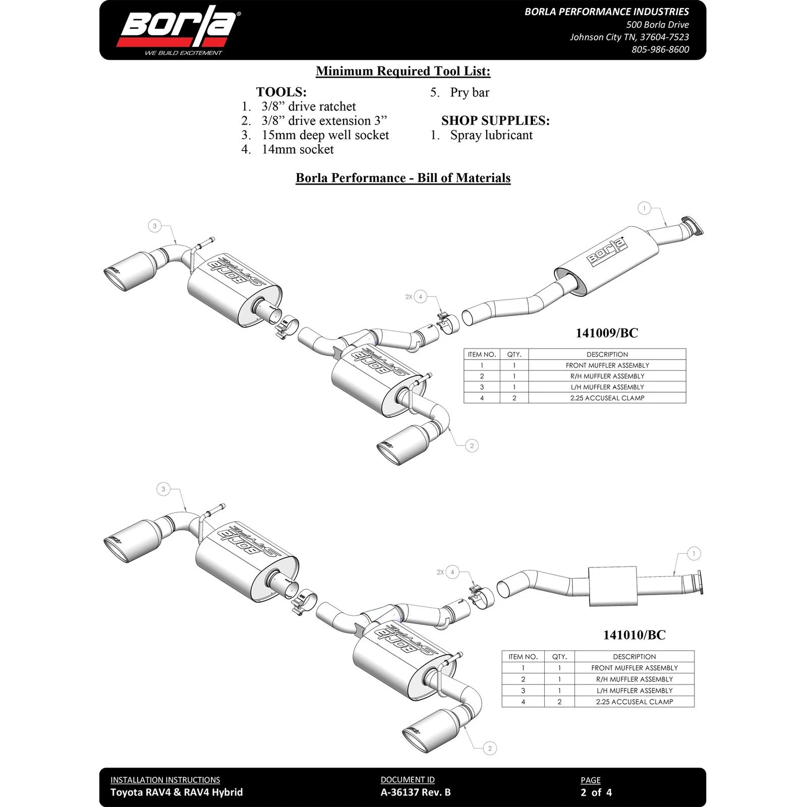 Borla Perf Cat-Back RAV4 2.25 S-Type | All Wheel Drive (141009)