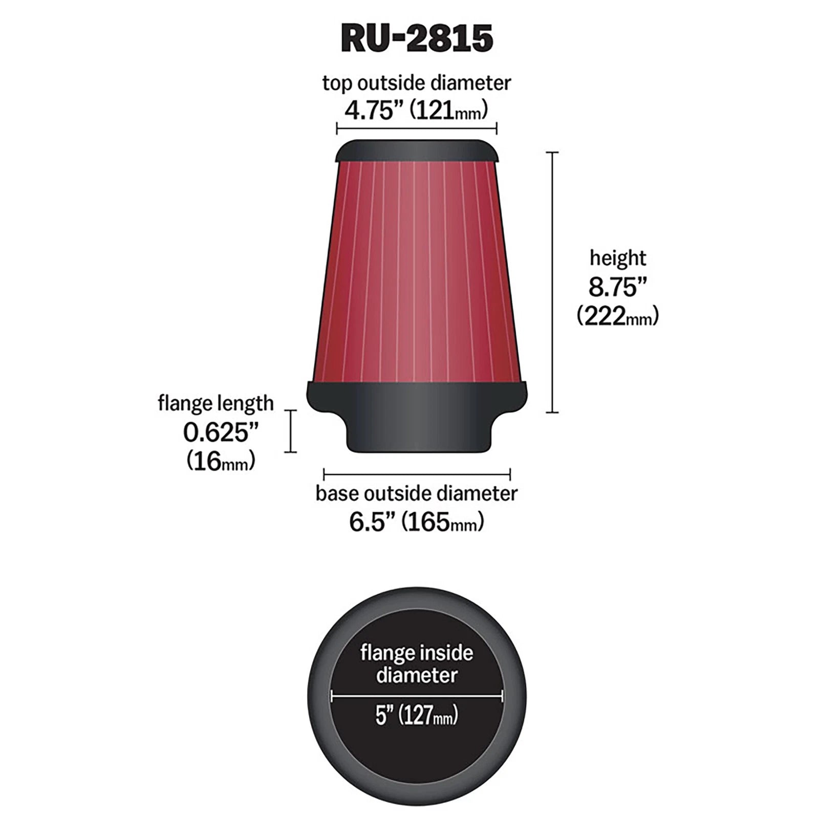 K&N RU-2815 Universal Round Tapered Performance Washable Air Filter for Intake