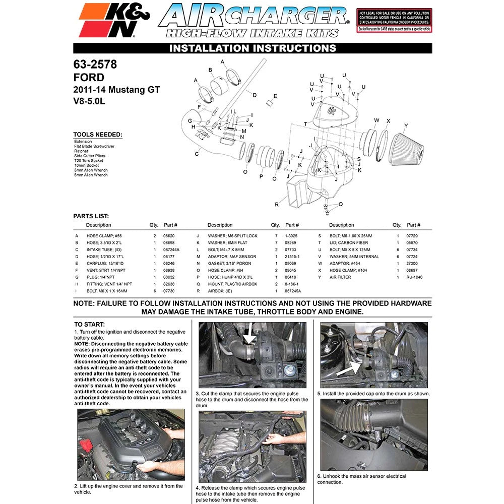 K&N 11-12 Ford Mustang GT 5.0L V8 AirCharger Performance Intake Kit | Ford Mustang (11-12) (63-2578)