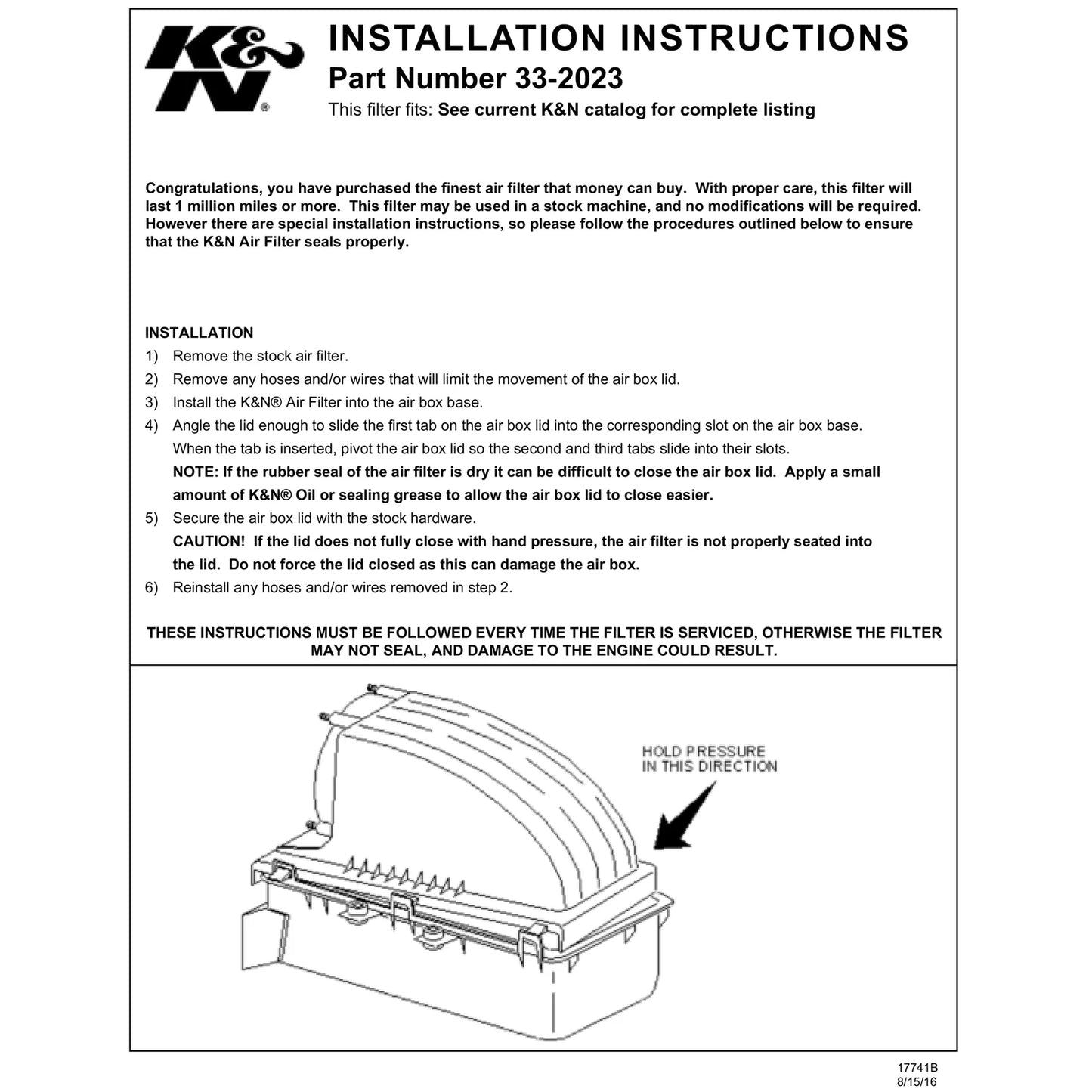 K&N 33-2023 Performance Air Filter for 1987-96 Bronco / 88-96 Ford F150 5.8L V8
