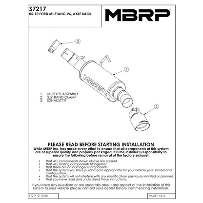 MBRP 3in Axle Back Single Rear Exit Exhaust | Ford Mustang V6 (05-10) (S7217AL)