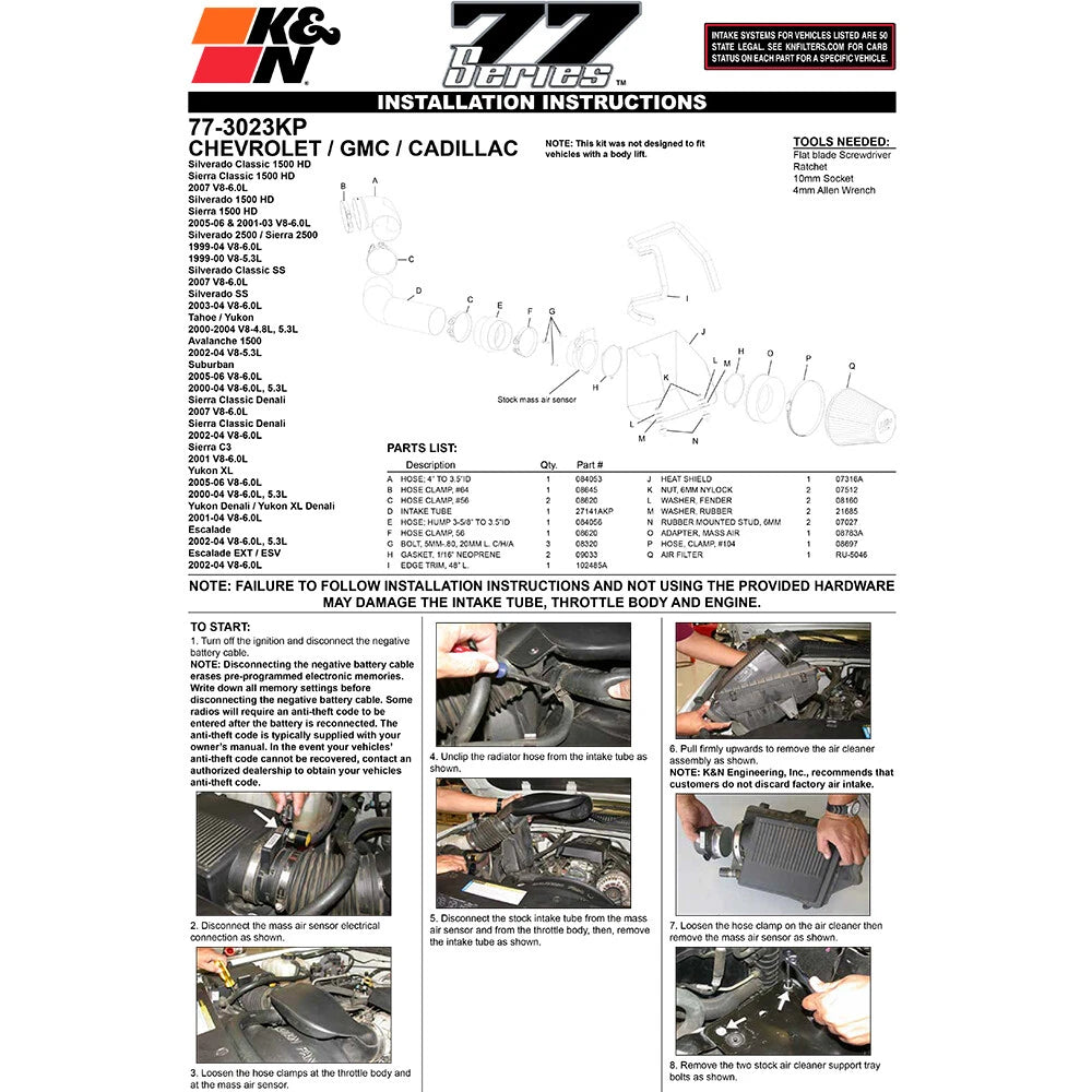 K&N High Flow Performance Kit | Chevrolet Tahoe / Suburban V8-4.8L/5.3L (77-3023KP)