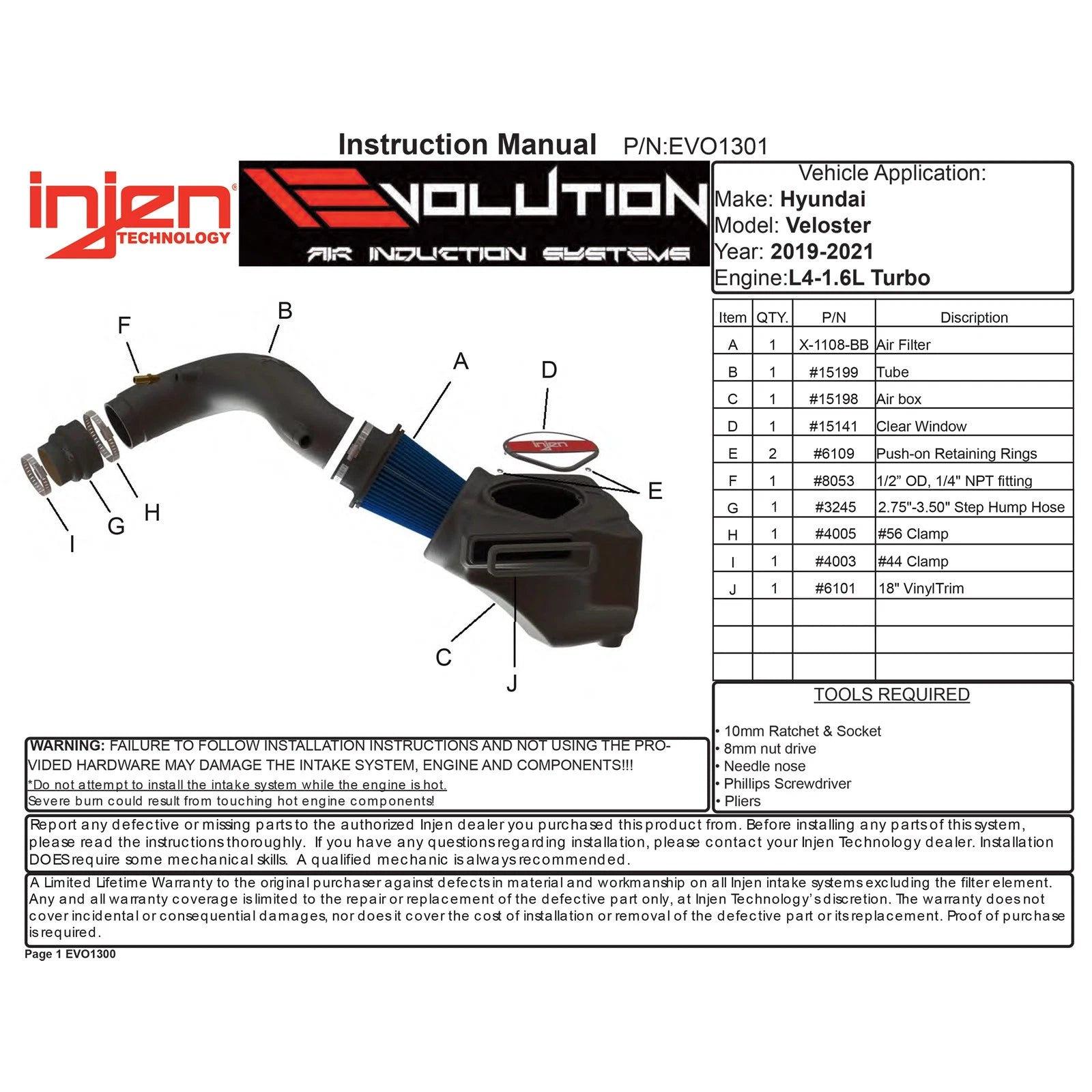 Injen EVO1301 Intake System | Hyundai Veloster N / Veloster / Elantra (16-23 / 18-21 / 22-22) (EVO1301)