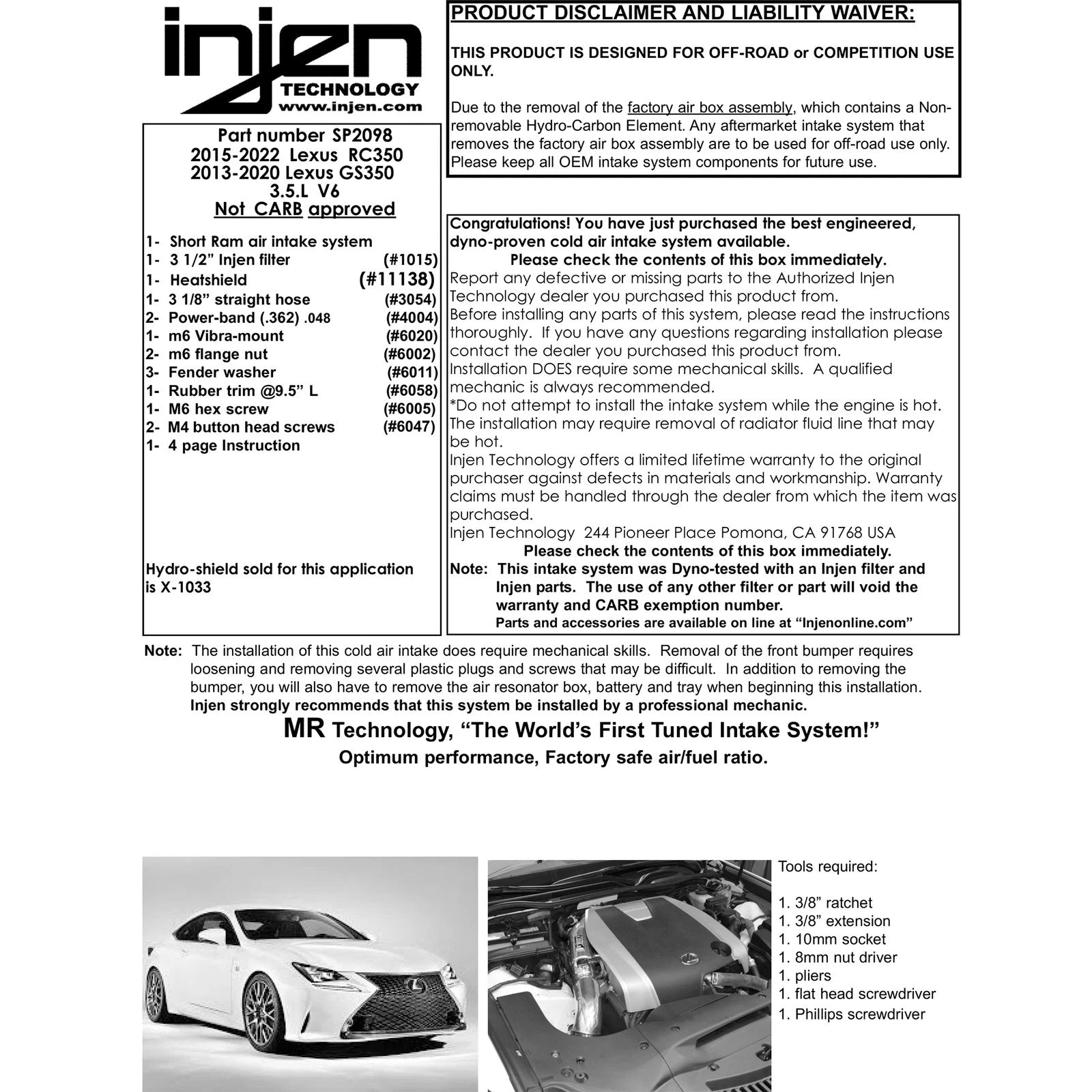 Injen 15-20 Lexus RC350 3.5L V6 Polished Cold Air Intake | Lexus RC350 (14-26) (SP2098P)