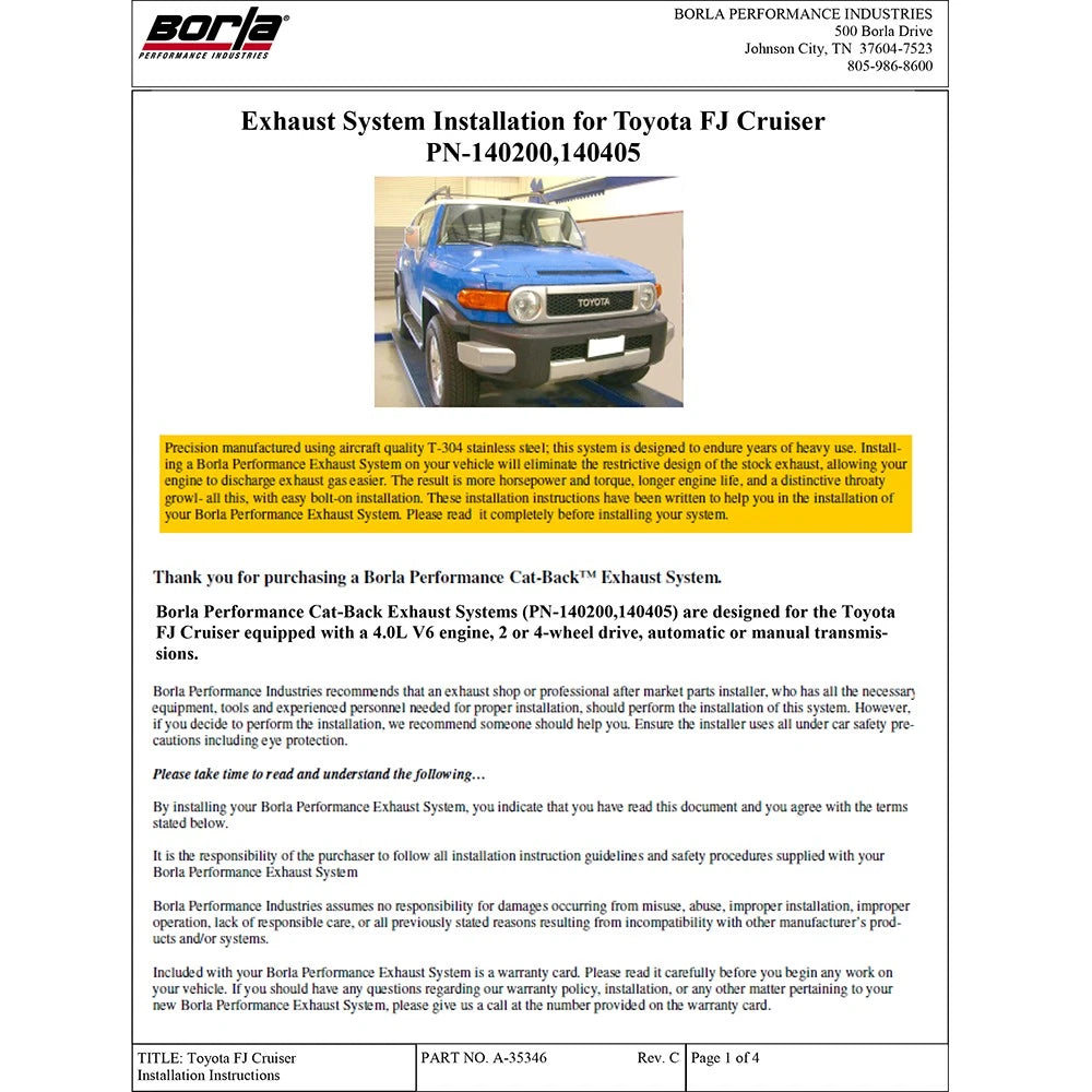 Borla Cat-Back Exhaust System - Touring | 2007-2010 Toyota FJ Cruiser 4.0L (140200)