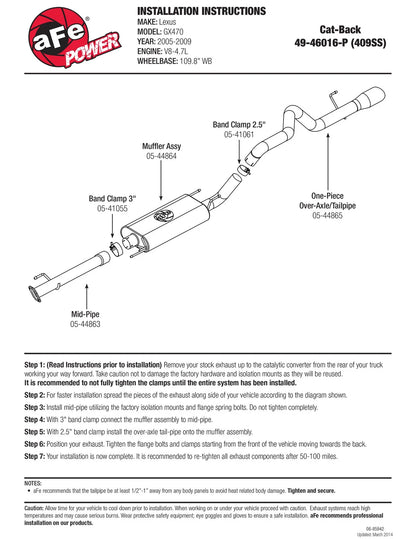 aFe 2.5in SS Cat-Back Exhaust | Lexus GX470 (05-09) (49-46016-P)