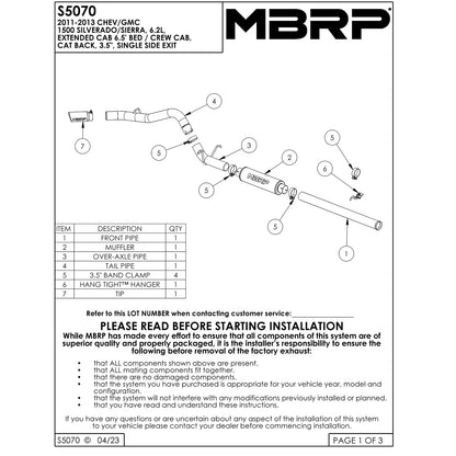 MBRP 3.5in Cat-Back Single Side Exhaust | Chevy Silverado/GMC Sierra 1500 6.2L V8 (11-13) (S5070AL)