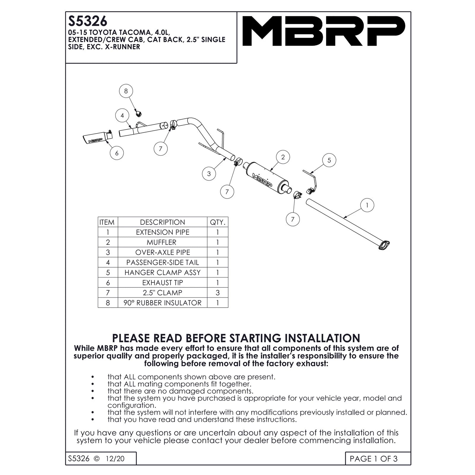 MBRP 2.5in. T409 Cat-Back Single Side Exit Exhaust | Toyota Tacoma 4.0L EC/CC (05-13) (S5326409)