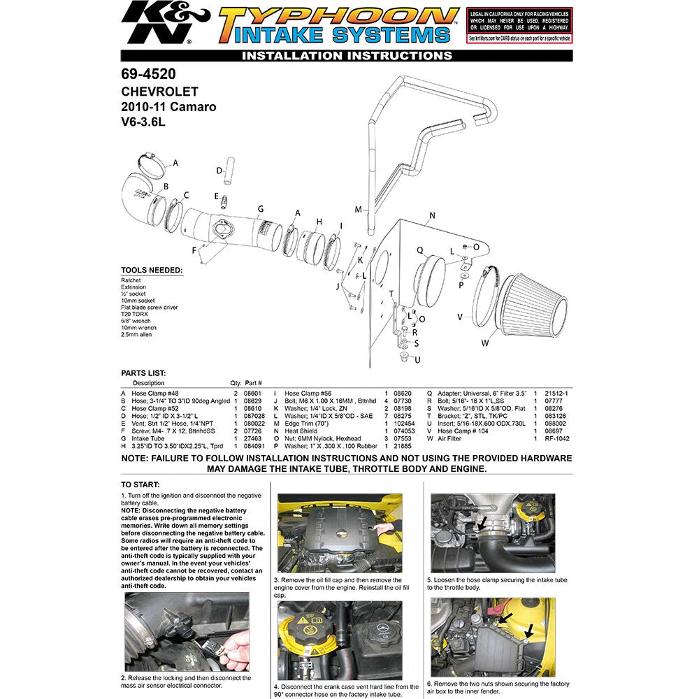 K&N 10 Camaro 3.6L V6 Typhoon Intake | Chevrolet Camaro (10) (69-4520TP)