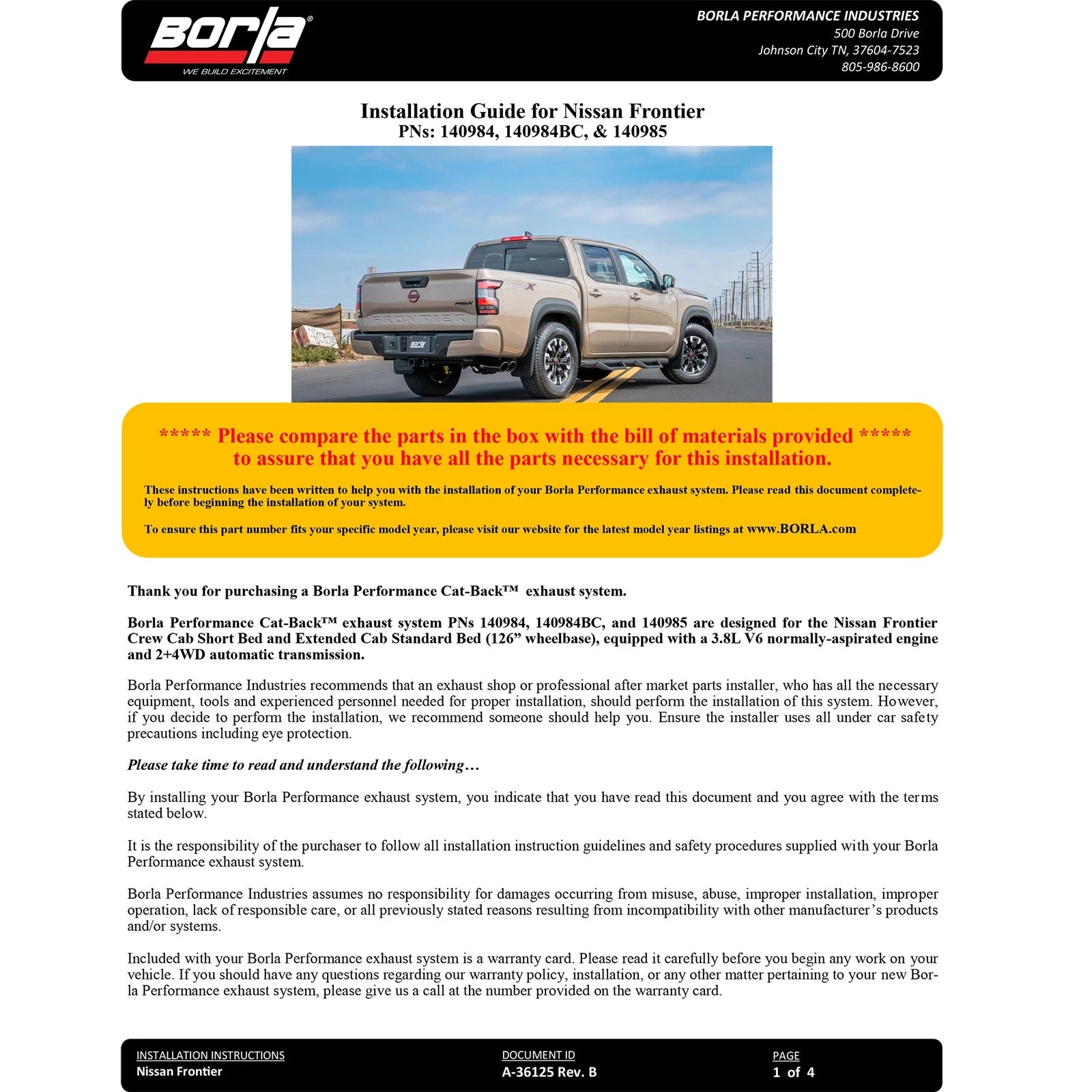 Borla 2.25" S-Type Catback Exhaust | Nissan Frontier 3.8L V6 22-24 (140984)