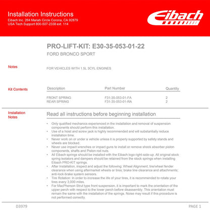 Eibach Pro-Lift Suspension Lift Kit for 2021-2022 Ford Bronco Sport