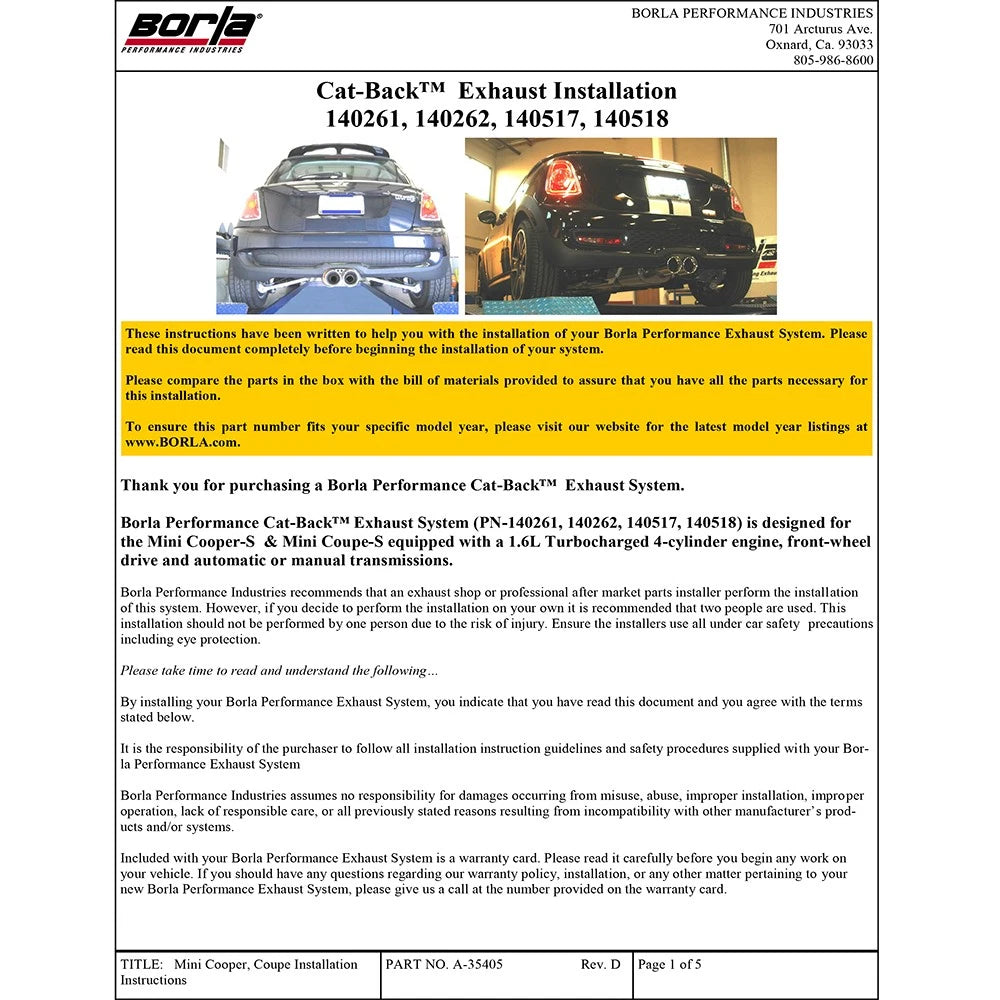 Borla Catback Exhaust S-Type | 2007-2014 Mini Cooper S (140517)