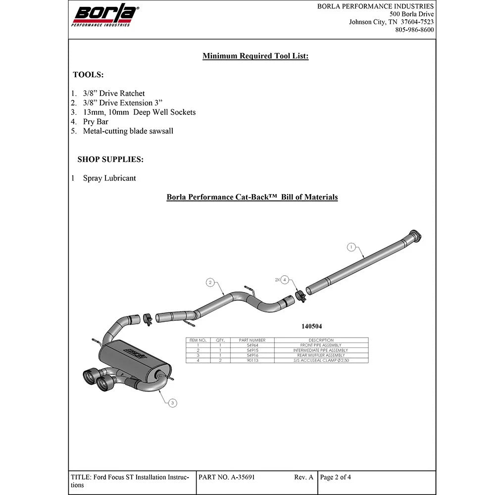 Borla Cat-Back Exhaust System - S-Type | 2013-2018 Ford Focus ST 2.0L (140504)