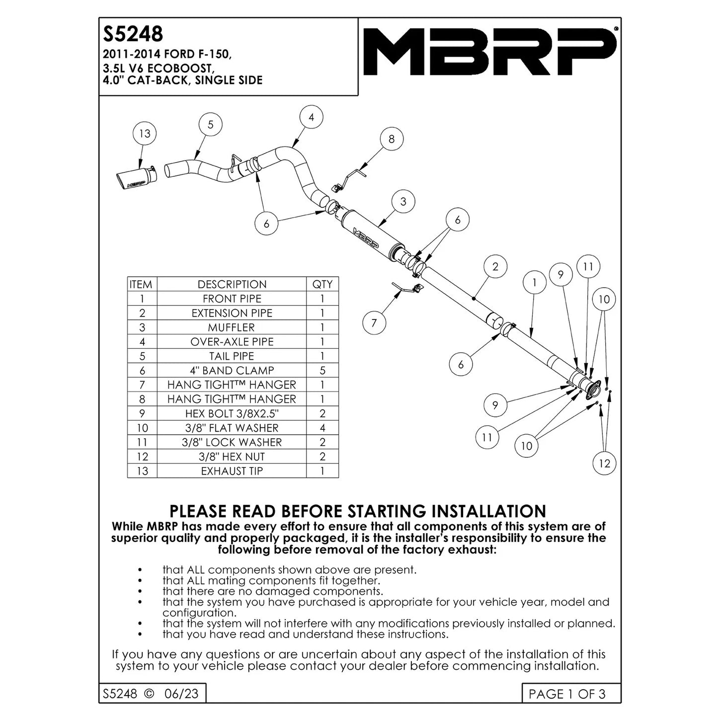 MBRP 4in Cat-Back Single Side T409 Exhaust System | Ford F-150 3.5L V6 EcoBoost (11-13) (S5248409)