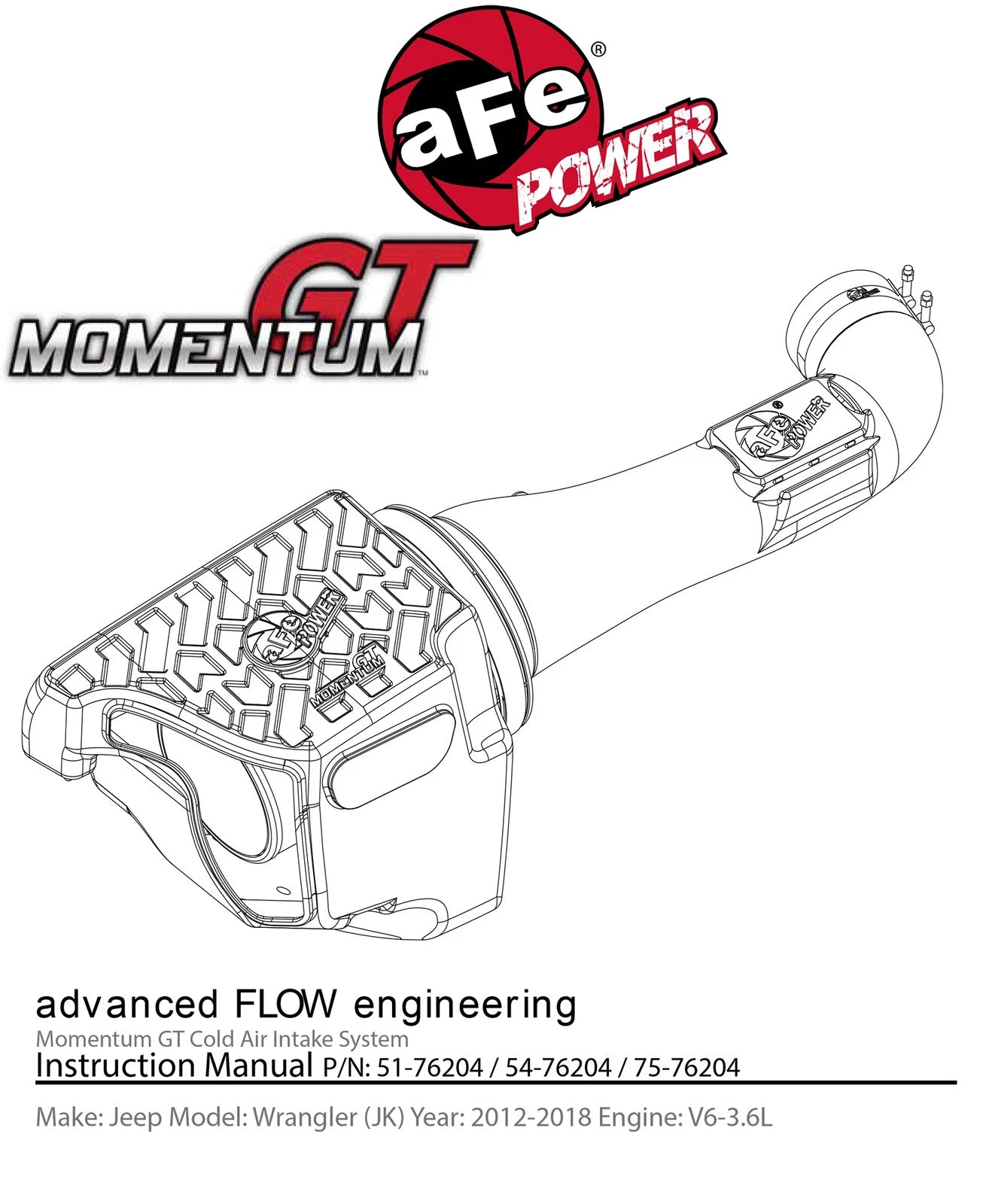 aFe Momentum GT Cold Air Intake System w/ Pro GUARD 7 Filter | Jeep Wrangler (12-18) (75-76204)