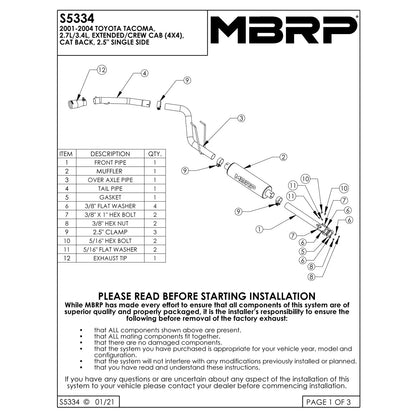MBRP 2.5in Cat-Back Single Side Exit Exhaust System | Toyota Tacoma 2.7L/3.4L 4x4 (01-05) (S5334409)