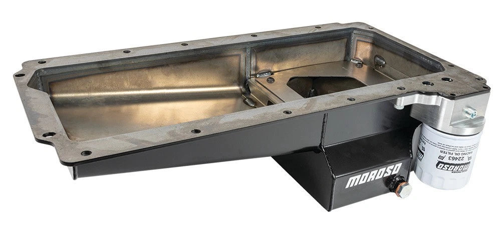 Moroso GM LS Swap (w/Rear Sump/Spin-On Filter Adapter) Wet Sump 7qt 6in Angled Steel Oil Pan - Black