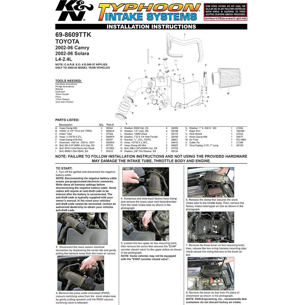 K&N Performance Intake Kit TYPHOON; Toyota Camry, L4-2.4; 2002-2006 | Toyota Camry (02-06) (69-8609TTK)