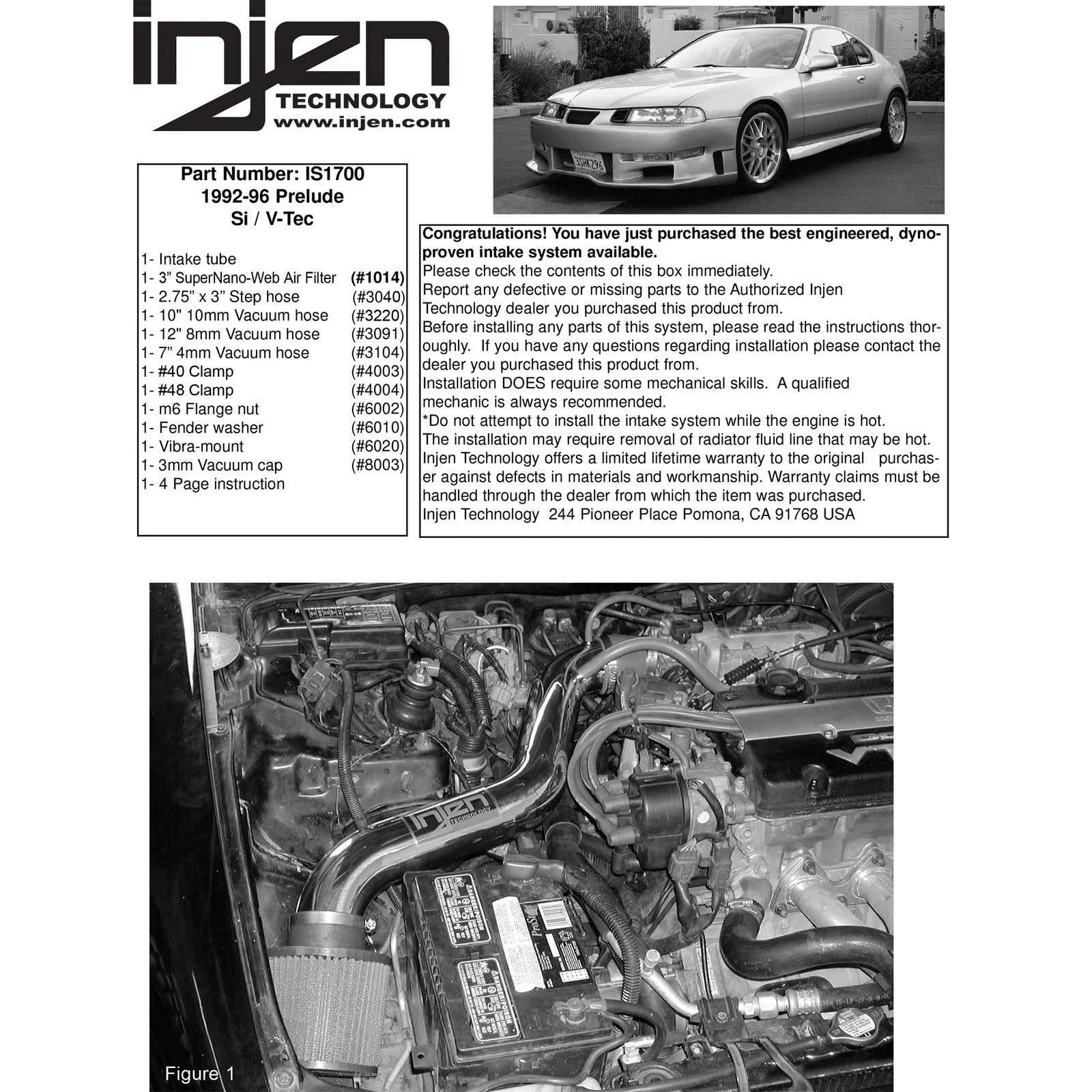 Injen Short Ram Cold Air Intake System | 1992 - 1996 Honda Prelude (IS1700BLK)