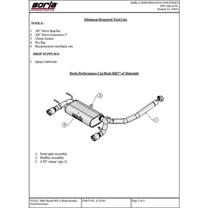 Borla Cat-Back Exhaust System - S-Type | 2006-2015 Mazda MX-5 Miata 2.0L (140169)