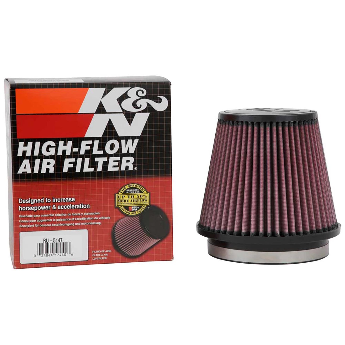 K&N RU-5147 Universal Round Tapered Performance Washable Air Filter for Intake