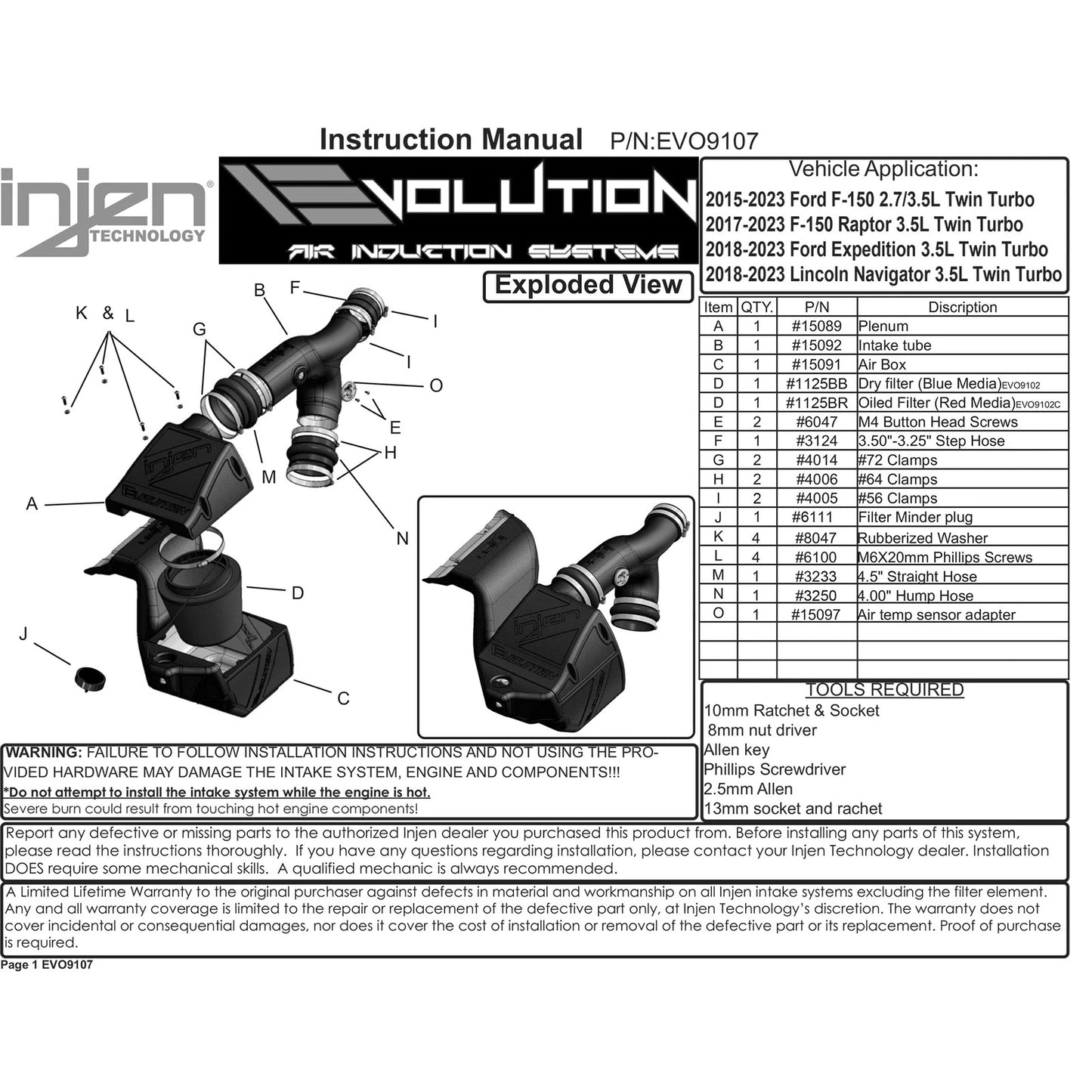 Injen Evolution Intake | Ford F-150 (15-20) / F-150 Lightning (22+) / Mustang (15-23) / Expedition (18-26) / Lincoln Navigator (18-26) (EVO9107)
