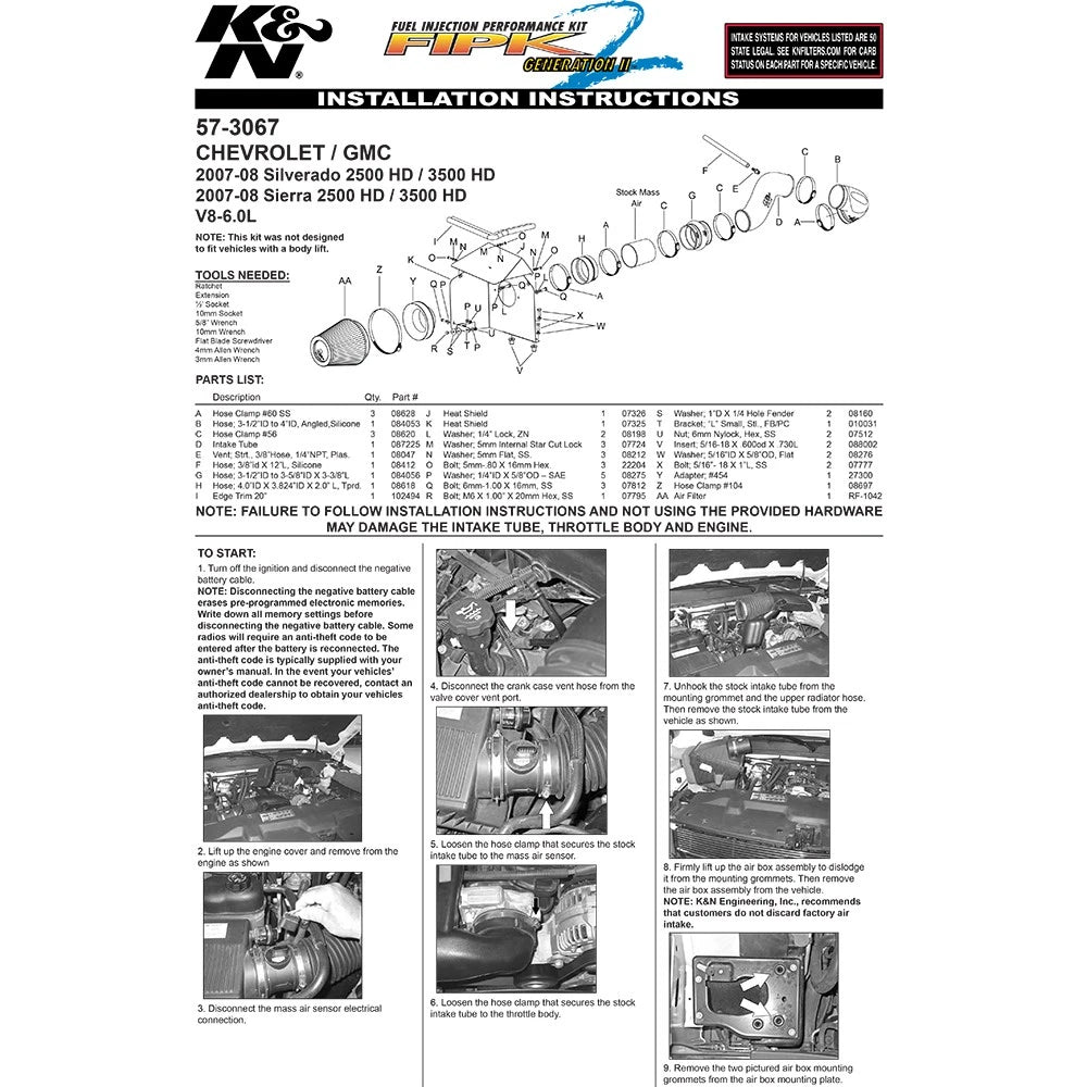 K&N 07-08 Chevrolet Silverado/GMC Sierra HD 6.0L V8 Performance Intake | Chevrolet Silverado / GMC Sierra HD (07-08) (57-3067)
