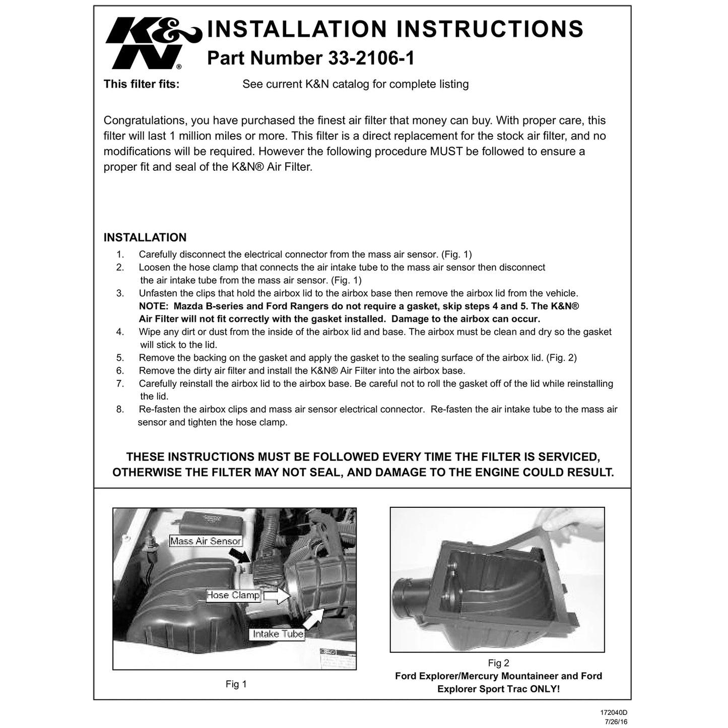 K&N 33-2106-1 Performance Air Filter for 1998-11 Ranger 4.0L / 01-12 Ranger 2.3L