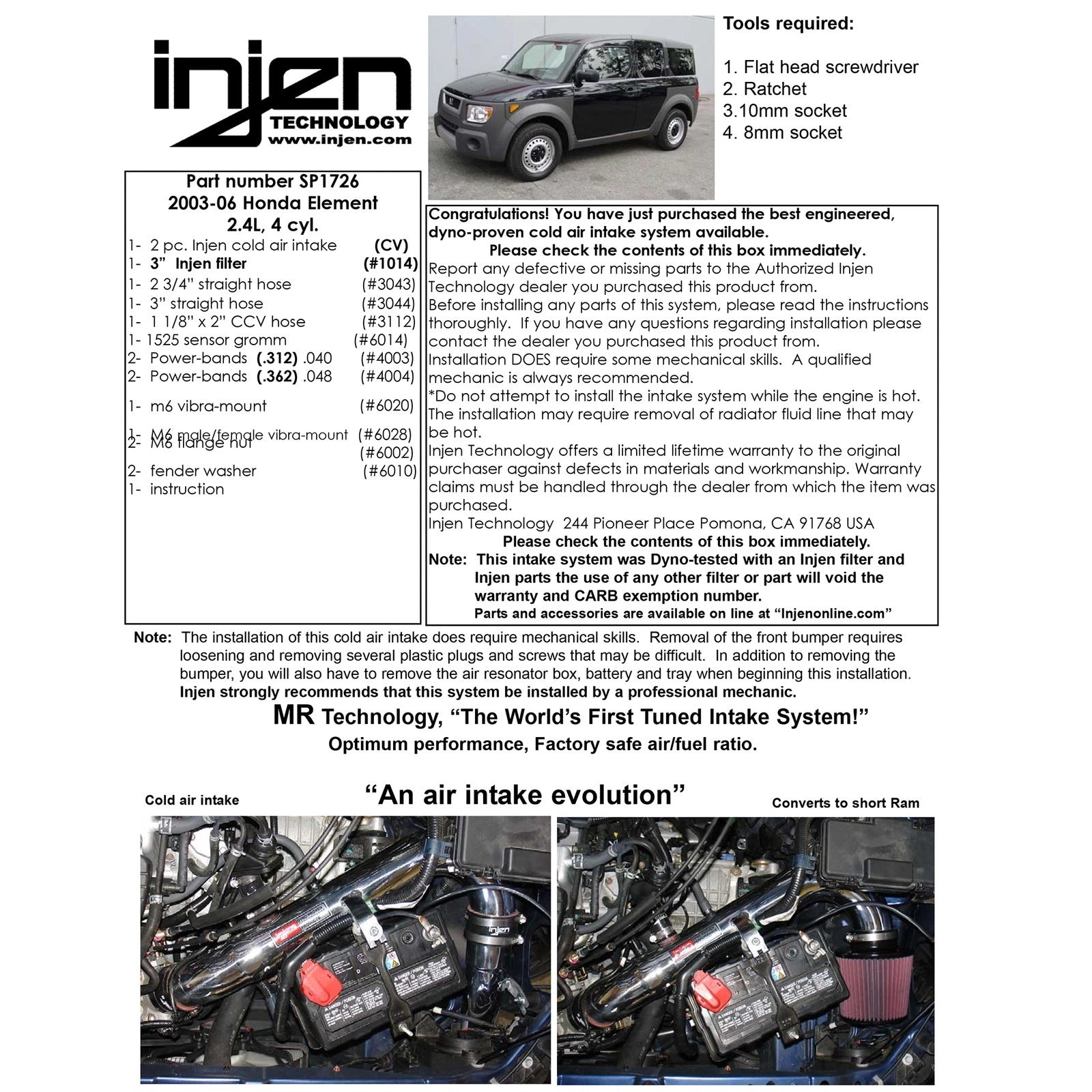 Injen Black Cold Air Intake System | Honda Element (03-06) (SP1726BLK)