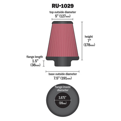 K&N RU-1029 Universal Round Tapered Performance Washable Air Filter for Intake
