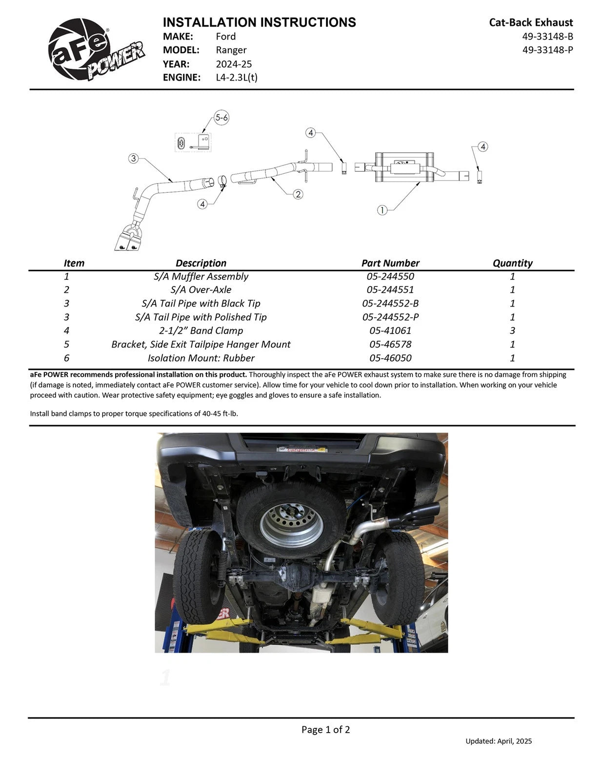 aFe 2.5-3in Vulcan Series Cat-Back Exhaust w/ SS Black Tip | Ford Ranger L4-2.3L (24+) (49-33148-B)