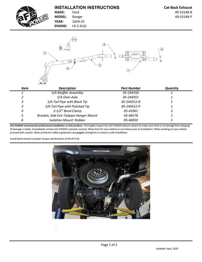 aFe 2.5-3in Vulcan Series Cat-Back Exhaust w/ SS Black Tip | Ford Ranger L4-2.3L (24+) (49-33148-B)