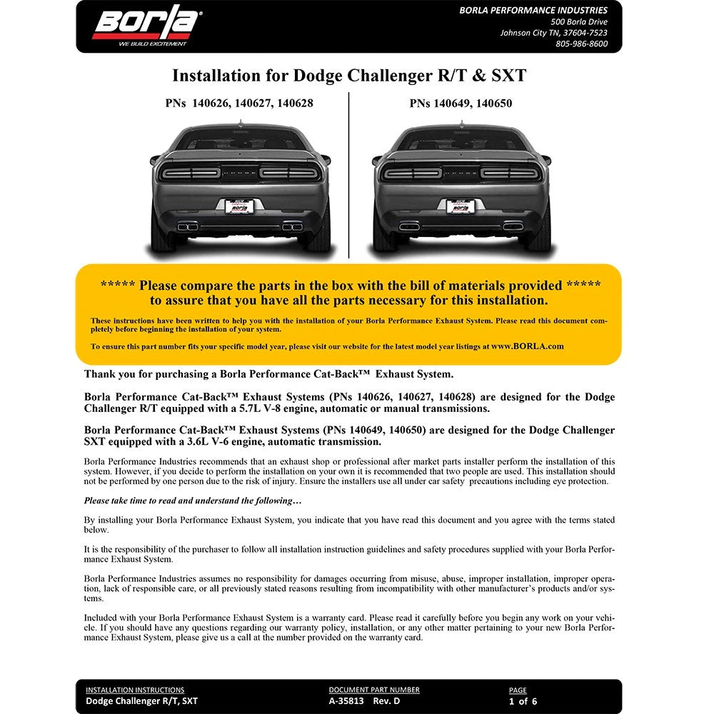 Borla Cat-Back Exhaust System - S-Type | 2015-2019 Dodge Challenger 5.7L (140627)