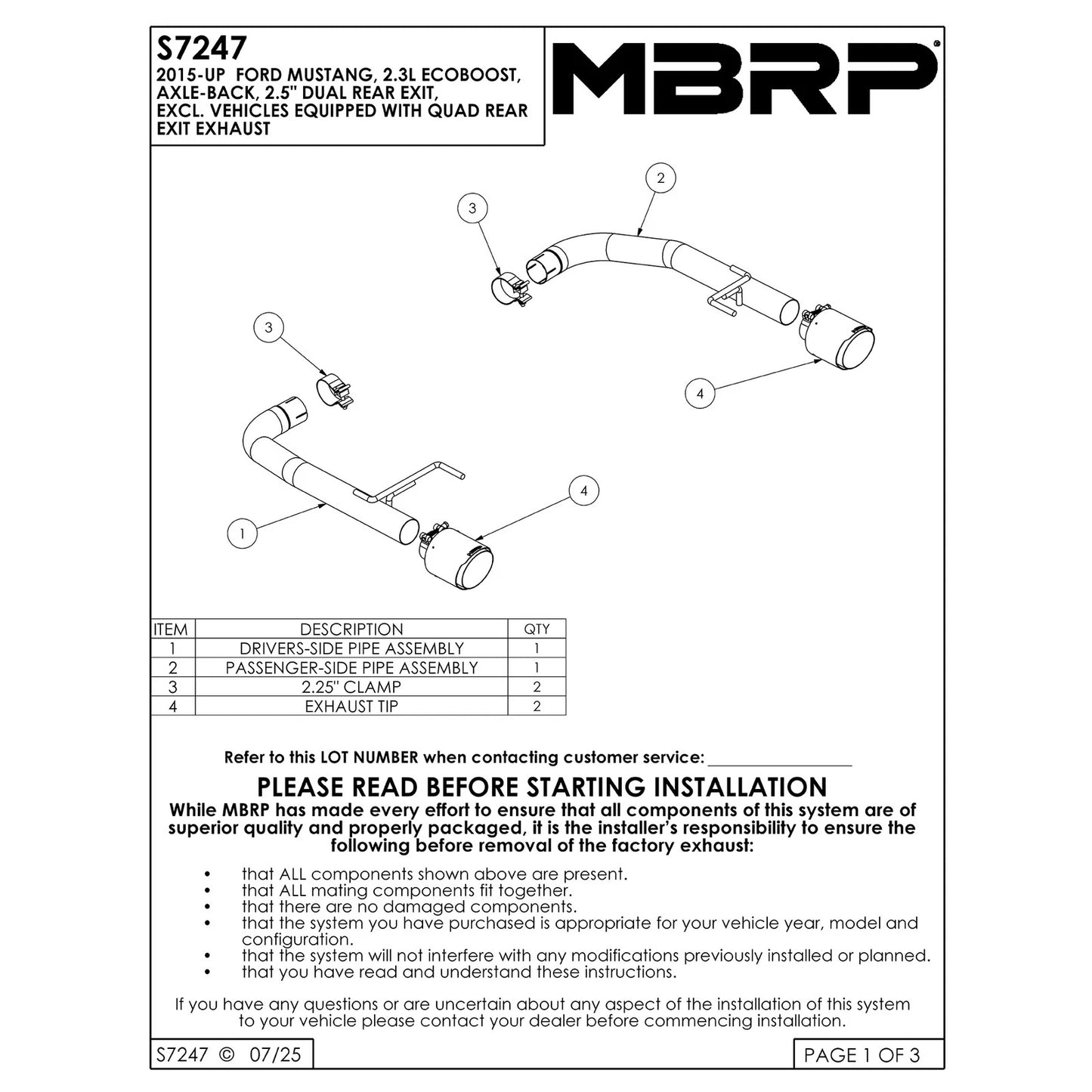 MBRP Stainless Steel 2.5" Axle-Back - Dual Exit | 2015-2023 Ford Mustang Ecoboost (S7247)