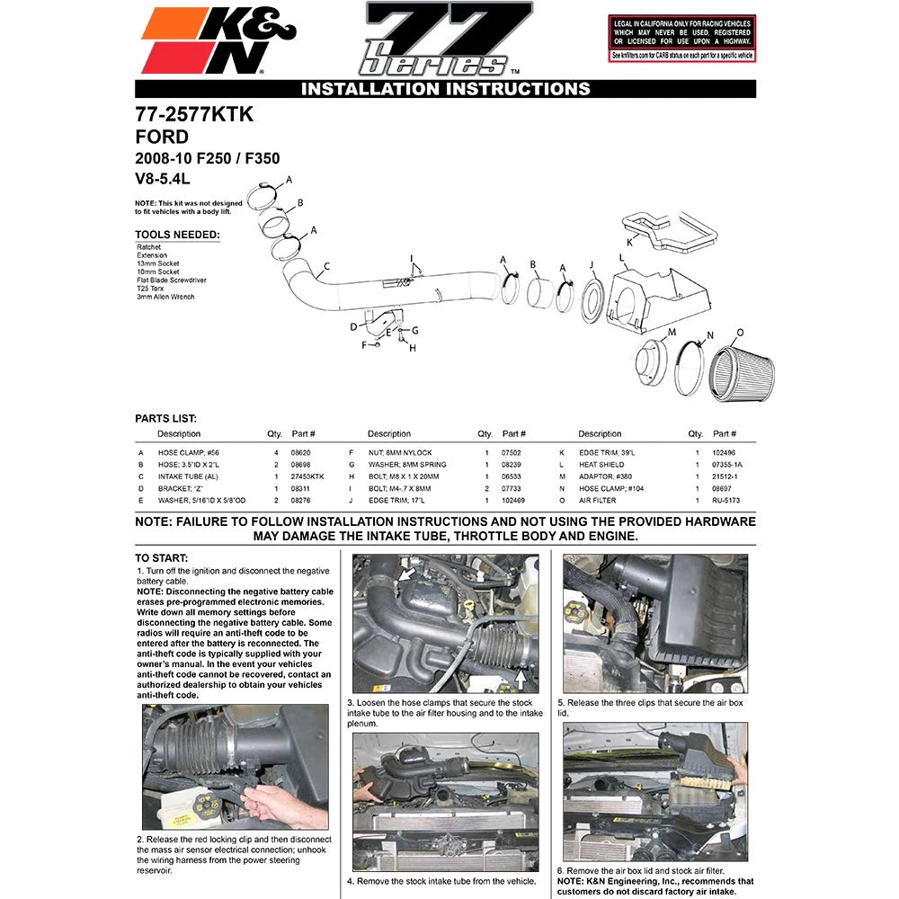 K&N High Flow Performance Kit | Ford F250 SD V8-5.4L (07-08) (77-2577KTK)