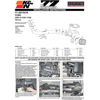 K&N High Flow Performance Kit | Ford F250 SD V8-5.4L (07-08) (77-2577KTK)