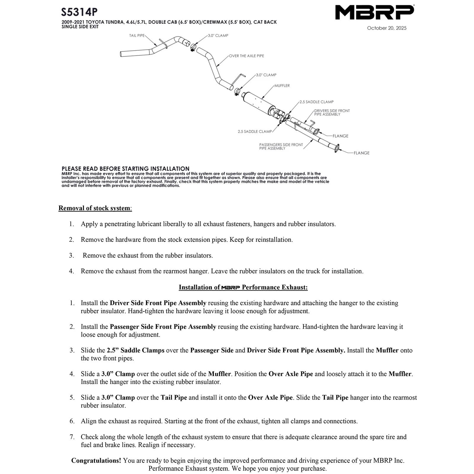 MBRP 3in AL P Cat-Back Exhaust Single Side Exit | Toyota Tundra 09-21 (S5314P)