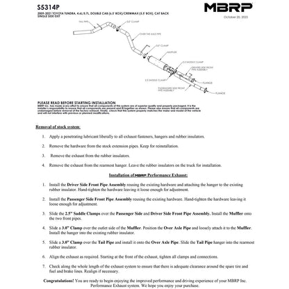 MBRP 3in AL P Cat-Back Exhaust Single Side Exit | Toyota Tundra 09-21 (S5314P)