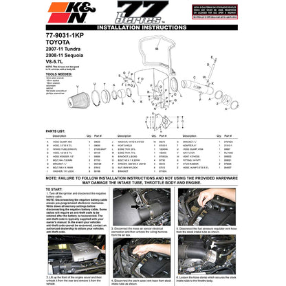 K&N 07-10 Toyota Tundra V8-5.7L High Flow Performance Kit | Toyota Tundra (07-10) (77-9031-1KP)