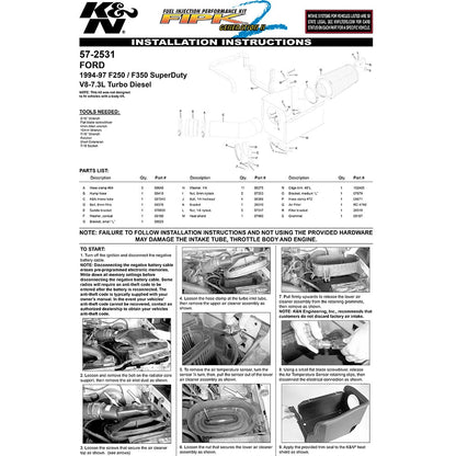 K&N 57-2531 Performance Cold Air Intake for 94-97 Ford F250 F350 7.3L V8 Diesel