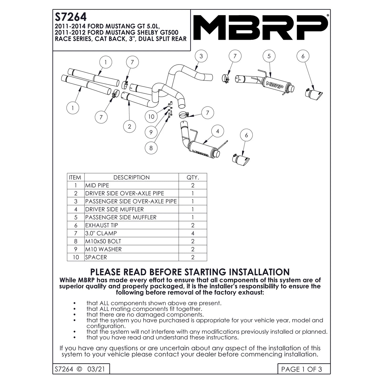 MBRP 3in D&S Rear Race AL Cat-Back Exhaust | Ford Mustang GT (11-14) (S7264AL)