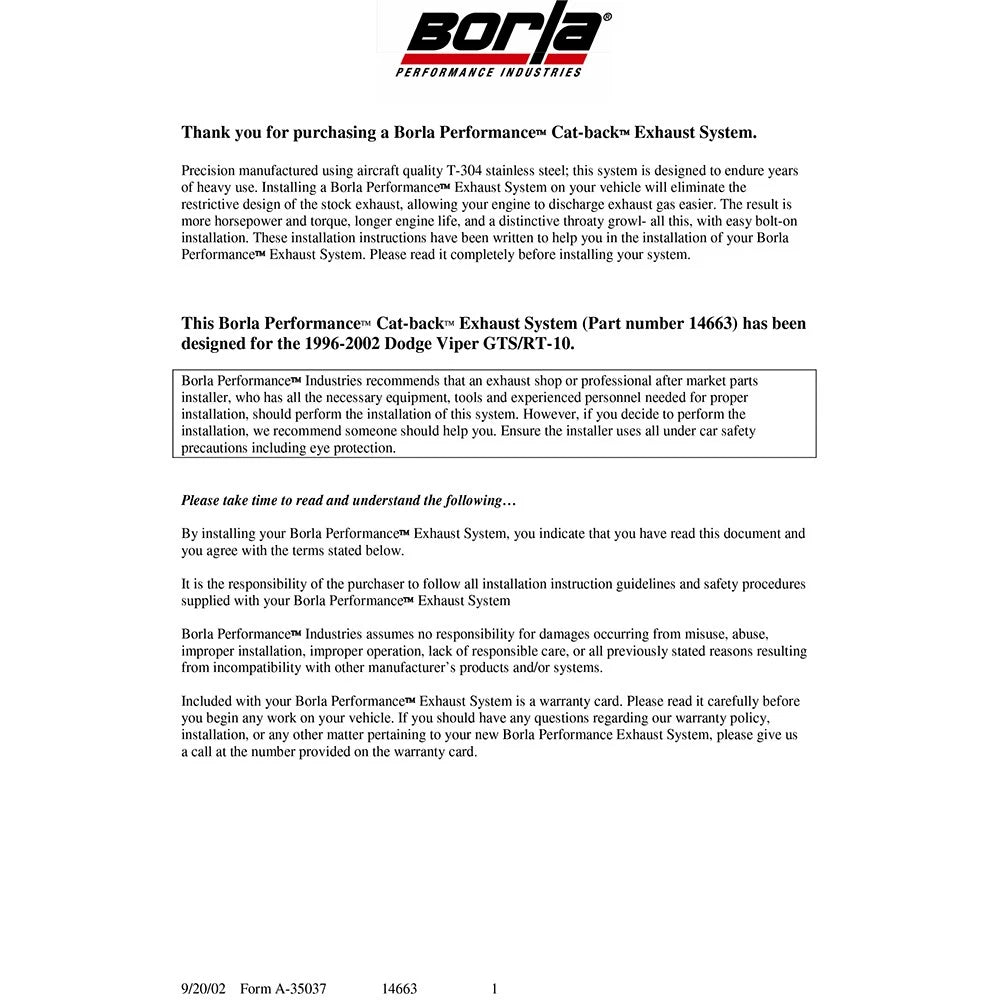 Borla Cat-Back Exhaust System - S-Type | 1996-2002 Dodge Viper 8.0L (14663)