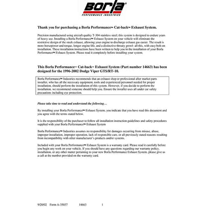 Borla Cat-Back Exhaust System - S-Type | 1996-2002 Dodge Viper 8.0L (14663)